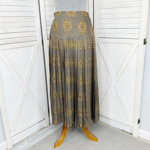 Calliope Vintage Jewel Damask Print Pleated Maxi Skirt Taupe 10 - Picture 1 of 13